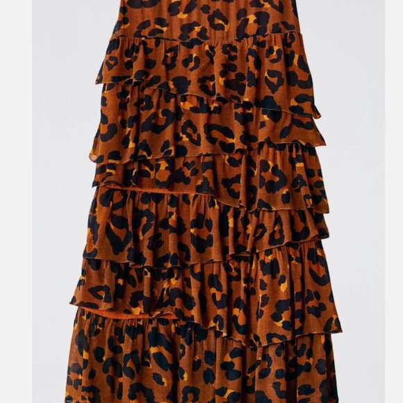 Farm Rio Caramel Maxi Leopard Frill Ruffle Skirt Brown/Black Size XL NWT - Picture 4 of 11